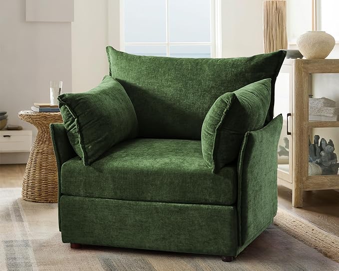 Oversized Accent Chair, Upholstered Modern Sofa Chair with Removable Backrest & Detachable Cover, 24.5" Deep Seat Large Reading Armchair for Living Room Bedroom Office - Chenille Green Set of 1-Ruum Studio Home