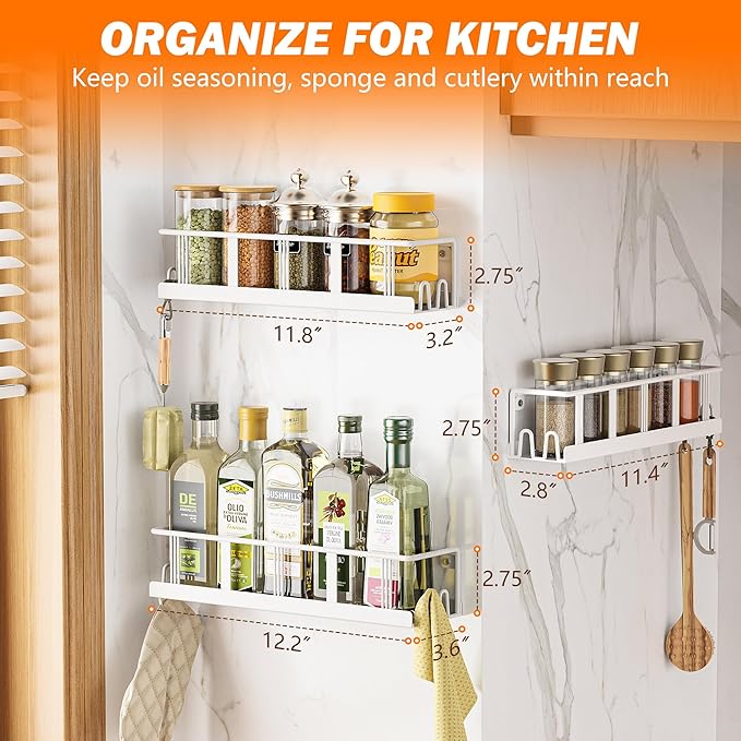 Spice Rack Wall Mounted 3 Pack, Space-Saving Spice Organizer for Spice Jars and Seasonings,Screw or Adhesive Hanging Spice Rack Organizer for Your Kitchen Cabinet,or Pantry Door White-Ruum Studio Home