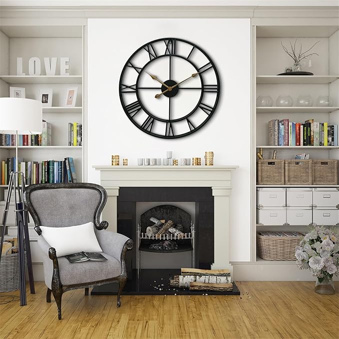 CLXEAST Silent 24 Inch Wall Clocks for Living Room Decor, Large Black Metal Roman Numeral Wall Clocks for Modern Farmhouse Home Decor,House Warming Gifts New Home-Ruum Studio Home