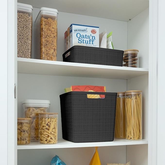 Curver Set of 4 Jute Large Cube Decorative Plastic Organization and Storage Baskets, Perfect Bins for Home Office, Closet Shelves, Kitchen Pantry and All Bedroom Essentials, Black-Ruum Studio Home