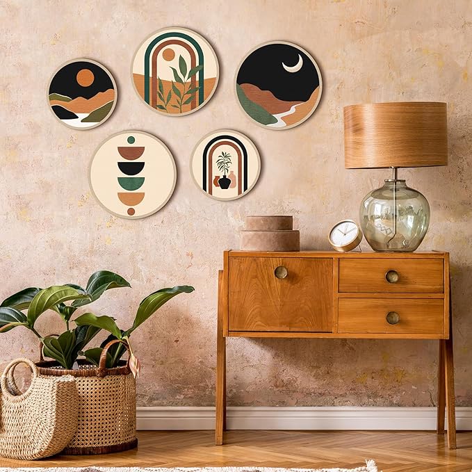 Qunclay 5 Pcs Wall Art Decor Wooden Living Room Wall Decor Bohemian Hanging Farmhouse Geometric 10'' and 8'' Aesthetic Wood Minimalist Posters for Bedroom(Sunset)-Ruum Studio Home