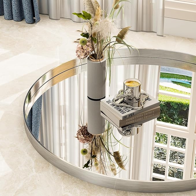 24 Inch Round Bathroom Mirror - Wall Mounted Circle Mirror with Metal Frame, Modern Mirror Suitable for Bathroom, Vanity, Entryway, Living Room, Wall Decor,Silver-Ruum Studio Home