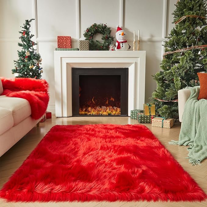AMTOVO Faux Fur Sheepskin Rug for Living Room, 4 x 6 ft Red Fluffy Area Rug for Bedroom, Playroom, Luxury Room Decor, Rectangle-Ruum Studio Home