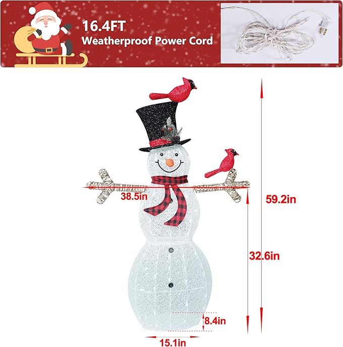 5FT Lighted Snowman with Birds for Christmas Decoration, 3D Pre-Lit Iridescent Snowman Xmas Decor with 90 LED Lights, Glittered Standing Holiday Display for Outdoor, Indoor-Ruum Studio Home