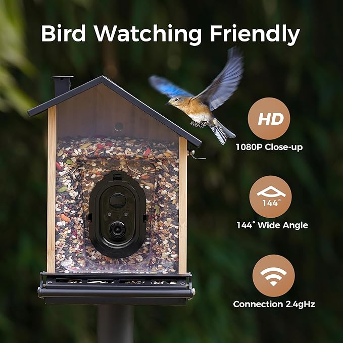 TT Nature Smart Squirrel-Proof Bird Feeder with Camera 2K, Solar Powered, AI Bird Species Recognition, Instant Notification, CCPA Data Security, Bamboo 3.2L Large Capacity, Ideal Gift-Ruum Studio Home