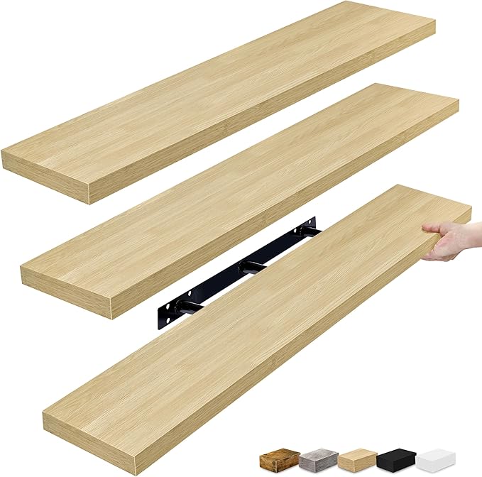 Sorbus Floating Shelves for Wall - 48 Inch Long Bathroom Shelves, Wall Decor for Bedroom, Kitchen, Living Room & Book Storage - Mounted Floating Shelf with Invisible Brackets (Maple Wood, 3 Pack)-Ruum Studio Home