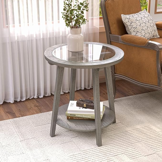 COSIEST 2-Tier End Table with Tempered Glass Top, Round MDF Side Table with Storage Shelf, Modern Wood Accent Table for Bedroom Living Room Home Office, Antique Silver-Ruum Studio Home