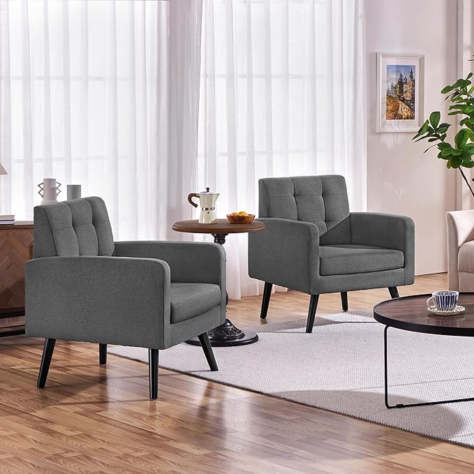 Yaheetech Mid-Century Accent Chairs, Modern Upholstered Living Room Chair, Cozy Armchair Button Tufted Back and Wood Legs for Bedroom/Office/Cafe, Set of 2, Gray-Ruum Studio Home