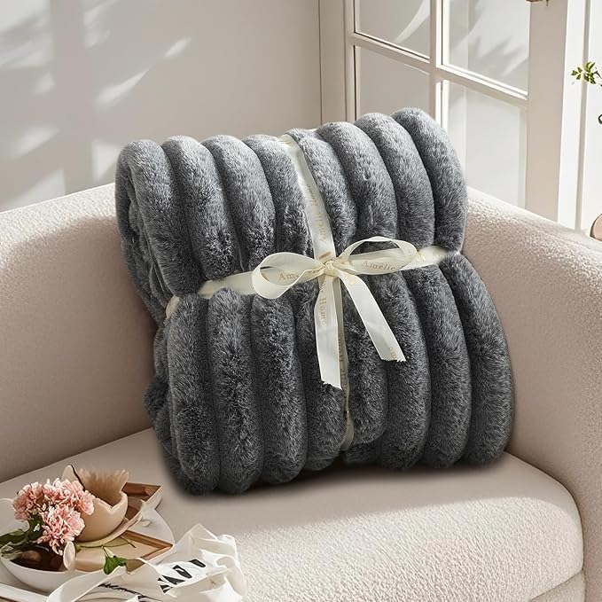 Amélie Home Faux Fur Throw Blanket for Couch, Ultra Cozy Fuzzy Fluffy Fur Luxurious Soft Striped Plush Gift Blankets for Family Sofa Chair Bed Living Room Bedroom, 55"x70", Ionic Wolf Gray-Ruum Studio Home