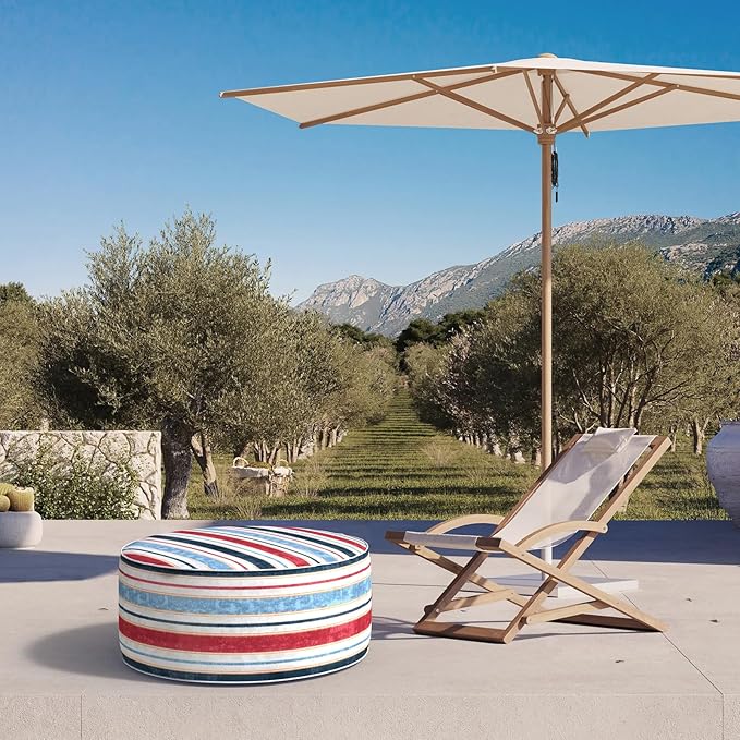 Inflatable Ottoman Stool D31 xH14 for Outdoor/Indoor Use, Water Repellent Patio Foot Rest Stool with Portable Handle,Round Pouf Ottoman Suitable for Garden,Deck and Camping - Stripe Red Blue-Ruum Studio Home
