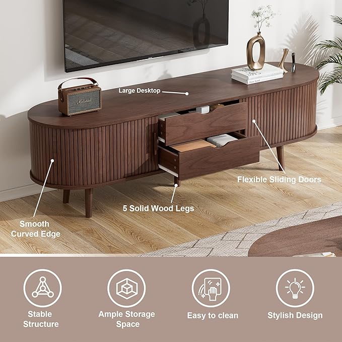 55" Mid Century TV Stand, Fluted TV Stand Fits 32" to 60" TVs. Wood Entertainment Center for Living Room, Farmhouse Modern TV and Media Console Table with Storage, Curved Edge and Sliding Door, Walnut-Ruum Studio Home