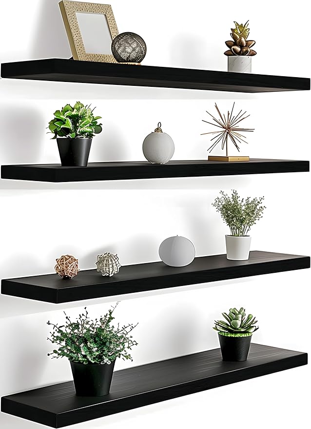 24 Inch Floating Shelves for Wall Rustic Black Wood Wall Shelves for Bedroom Set of 4-Ruum Studio Home