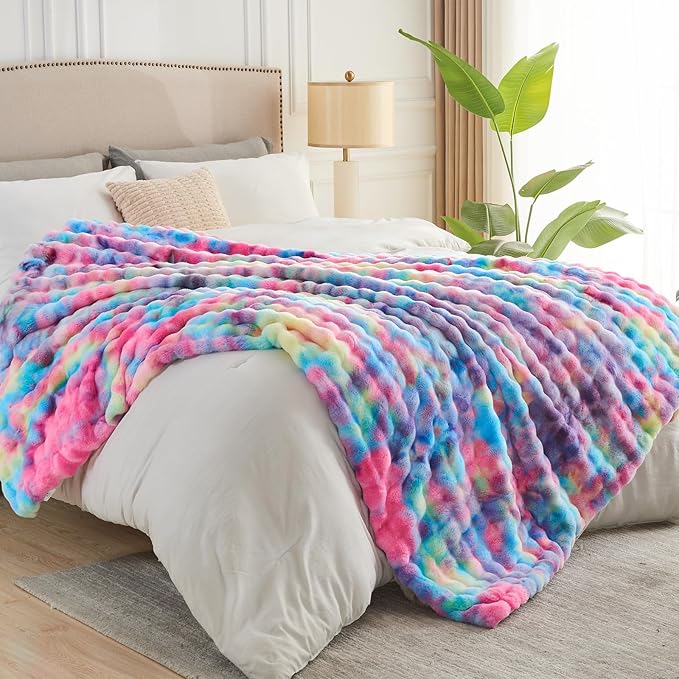 NEWCOSPLAY Faux Fur Twin Blanket Dark Rainbow Luxury Fluffy Thick Warm Bubble Blanket for Couch Sofa Bed 700GSM (Dark Rainbow, Twin(60"x80"))-Ruum Studio Home