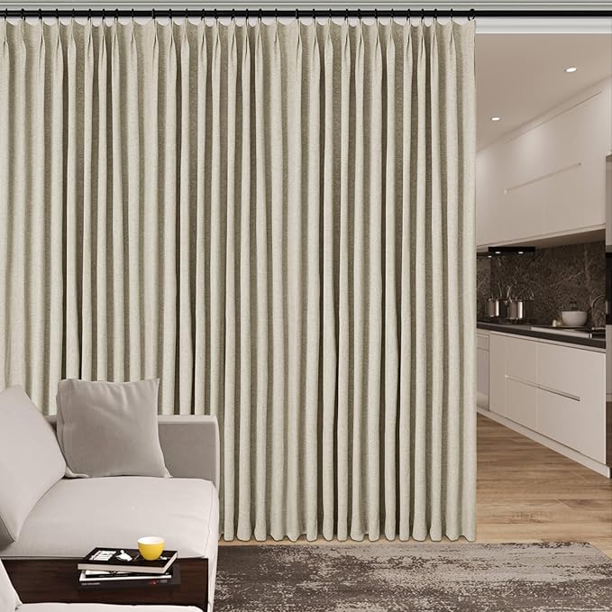 120" Wx108 L Linen Room Divider Drapes for Doorway/Glass Window/Sliding Door/Patio, Extra Wide Pinch Pleated Full Blackout Curtains for Girls Boys Teen Kids Room, 1 Panel, Beige-Ruum Studio Home