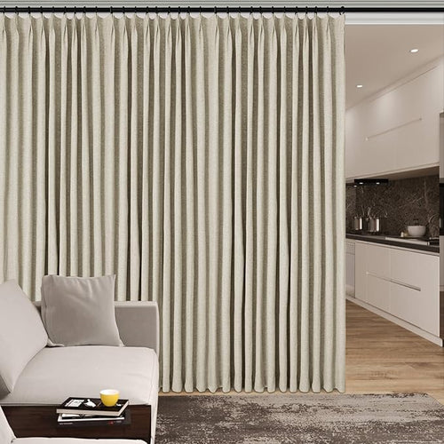 100% Blackout Linen Textured Drapes for Bedroom Pinch Pleated Curtains for Track System Portable Drapery for Sliding Glass Door/Storage/Space Room Divider, 70" Wx96 L, 1 PC, Beige-Ruum Studio Home