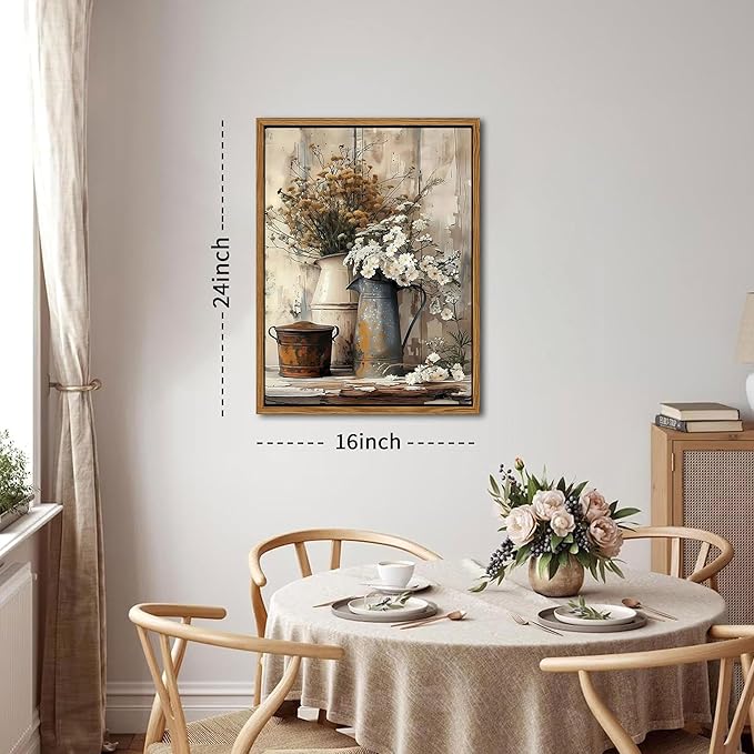 Floating Framed Farmhouse Vintage Canvas Wall Art, Country Floral Daisy Pictures Wall Decor, Wood Grain Art Paintings Poster for Living Room Bedroom Bathroom Rustic Decor 16x24 inch-Ruum Studio Home