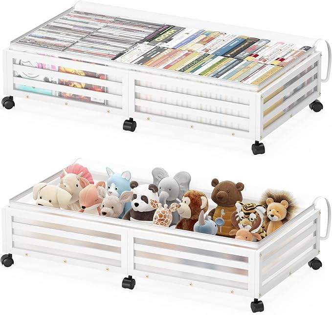 Under Bed Storage with Wheels-Large Bamboo Underbed storage Containers with Large Dust Bag Stackable Under the Bed Shoe Storage Bins for Clothes Books Bedding (2 Packs White, 33.07"L×16.54"W× 6.5"H)-Ruum Studio Home