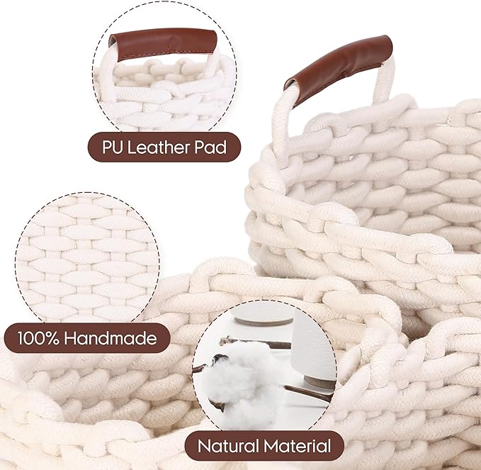 Sea Team 3-Pack Rectangle Woven Cotton Rope Storage Baskets with Handles, Shelf Basket, Closet Organizers, 3-in-1, White-Ruum Studio Home