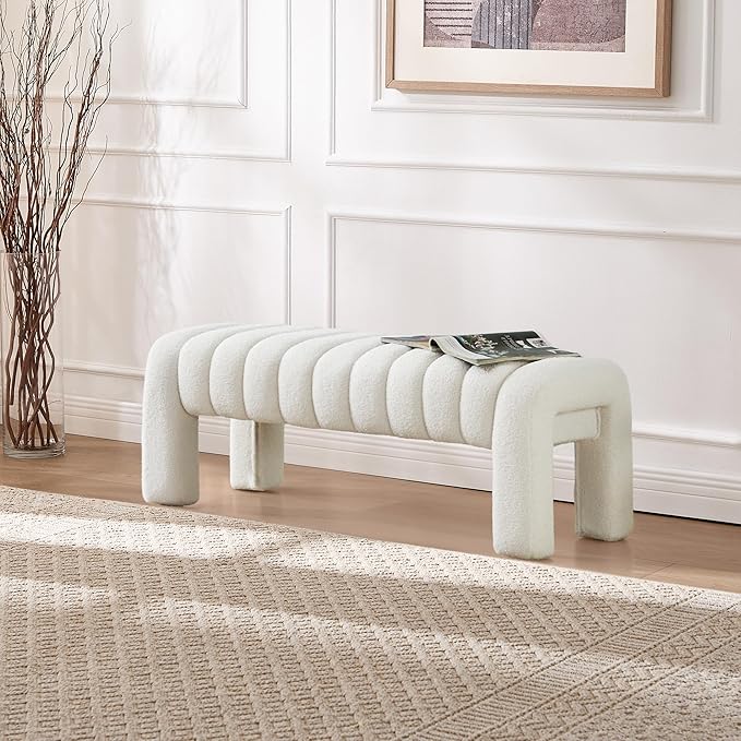43.3" Bedroom Bench, Upholstered Entryway Bench, Modern End of Bed Ottoman with Solid Wood Legs and Adjustable Foot Pegs for Entryway, Dining Room and Living Room (White Teddy)-Ruum Studio Home