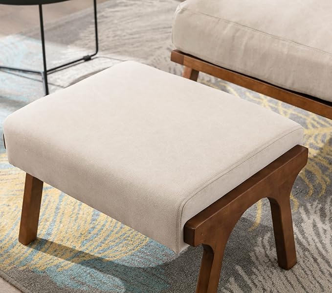 Wahson Mid Century Arm Chair and Ottoman Set, Upholstered Accent Armchair with Wood Frame and Canvas Cushions, Leisure Slipper Chair for Living Room/Bedroom, Beige-Ruum Studio Home
