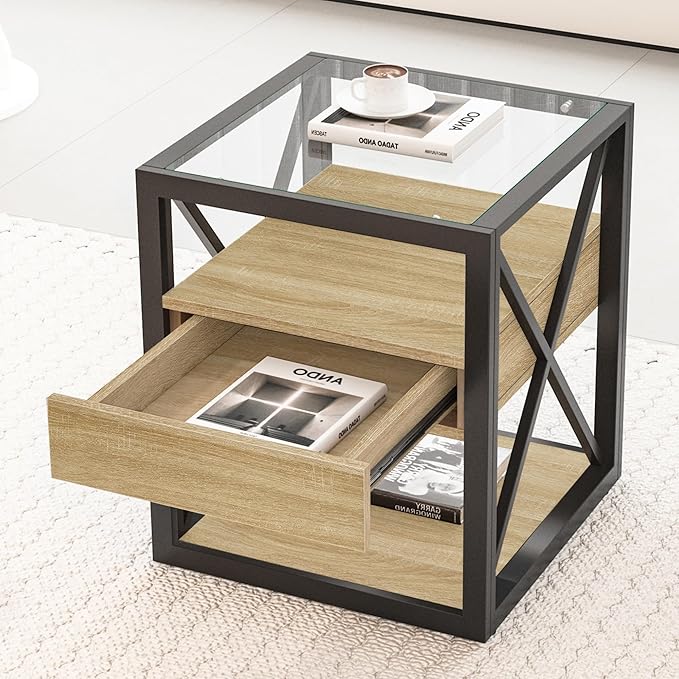 Farmhouse End Table, Modern Side Table with Drawer&3-Tier Storage Shelf, Square Rustic Nightstand, Accent Tea Table, for Bedroom Office Living Room, Brown, Natural Wood, Glass, Metal-Ruum Studio Home