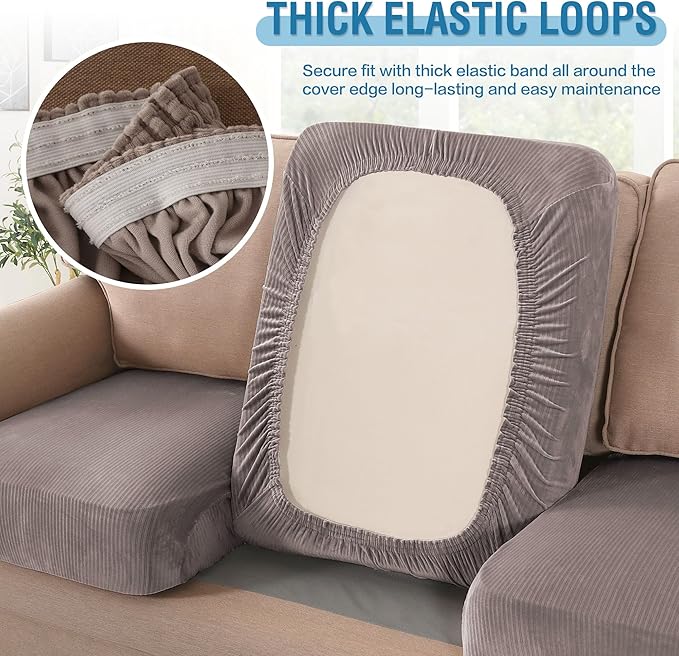 H.VERSAILTEX Velvet Stretch Couch Cushion Cover Plush Cushion Slipcover for Chair Loveseat Sofa Cushion Furniture Protector Seat Cushion Sofa Cover (3 Piece XL Sofa Cushion Covers, Taupe Striped)-Ruum Studio Home