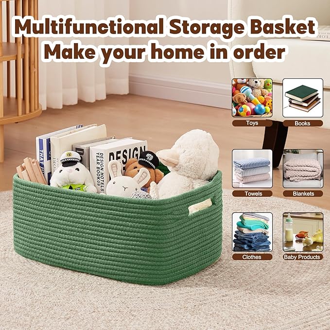 OIAHOMY Storage Basket for Shelves, Closet Cube Storage Bins Baskets for Clothes Blanket Towels, Baby Nursery, Toy Baskets Box, Woven Rope Basket, 17.72*12.99*7.87 IN, 2 Packs Olive Green-Ruum Studio Home