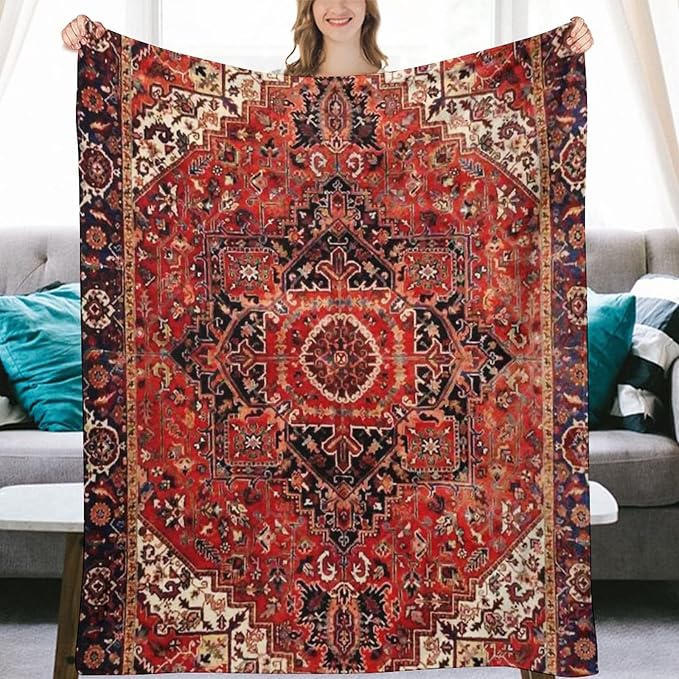 Heriz Antique Vintage Boho Persian Carpet Flannel Fleece Throw Blankets 50"X40" Lightweight Fluffy Winter Fall Blanket Cozy Soft Fuzzy Plush Home Decor for Couch Bed Sofa Bedroom Living Room Travel-Ruum Studio Home