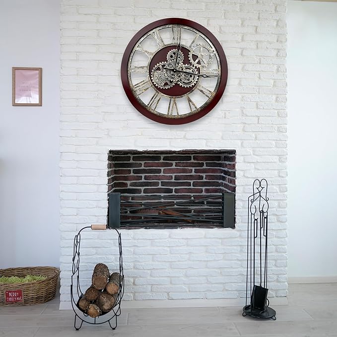 The B-Style Large Wall Clock 24 inch Moving Gear Wall Clock Oversized Vintage Farmhouse Wall Clocks for Living Room Decor Rustic Industrial Wood Clock (Walunt Wood and Bronze)