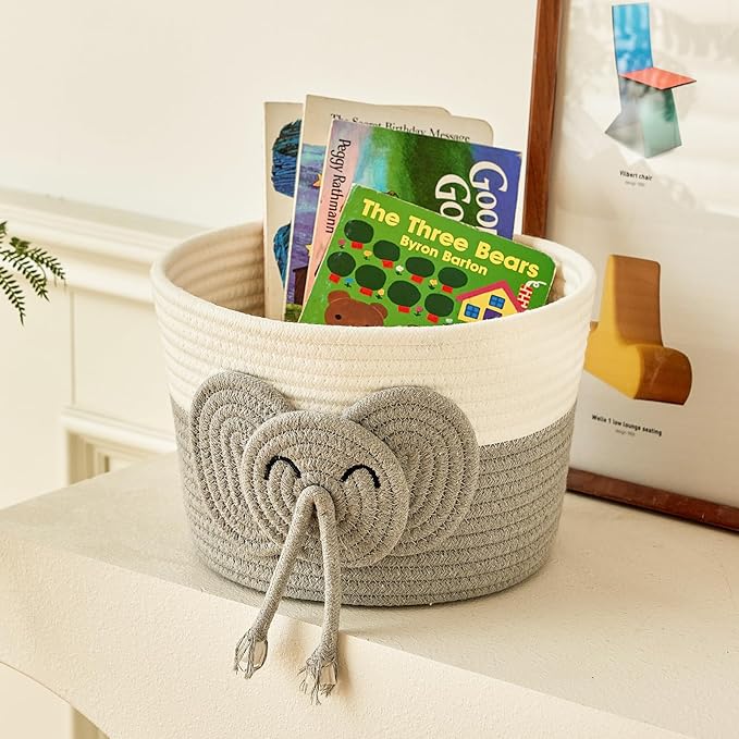 Adorable Small Elephant Cotton Rope Basket - Gift Empty Baskets - Toy Storage Basket, Woven Basket for Baby Essentials, Decorative Woven Basket for Nurseries and Playrooms (11"x7")-Ruum Studio Home