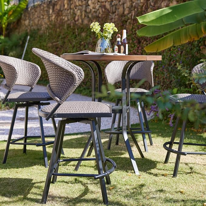 VICLLAX Patio Bar Stool Chairs with Footrests and Padded Seat, Bar Height Swivel Patio Chairs Set of 6, Brown Woven Wicker Swivel Bar Stools for Lawn Garden-Ruum Studio Home