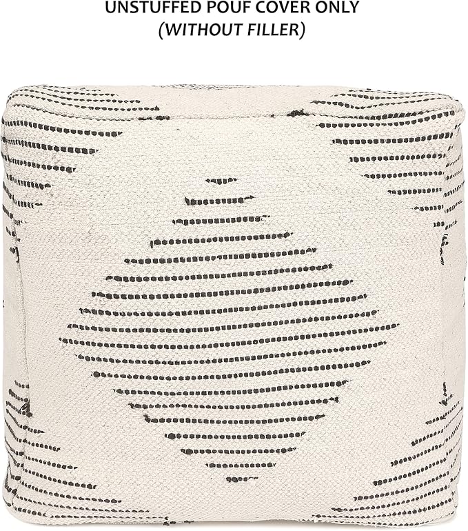 REDEARTH · UNSTUFFED Pouf Ottoman Cover Textured Boho Storage Square Home Decor Poof Pouffe Space Saver Footrest for Living Room, Bedroom, Nursery, Kidsroom; 100% Cotton (18"x18"x18"; Black)-Ruum Studio Home