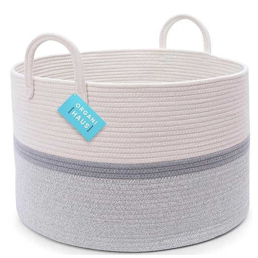 OrganiHaus Extra Large Blanket Basket for Living Room 20x13, Natural Cotton Rope Laundry Basket, Sturdy Hamper for Toy Storage, Cushions & Pillows Storage Bin, Nursery Decor Hamper - White/Gray-Ruum Studio Home