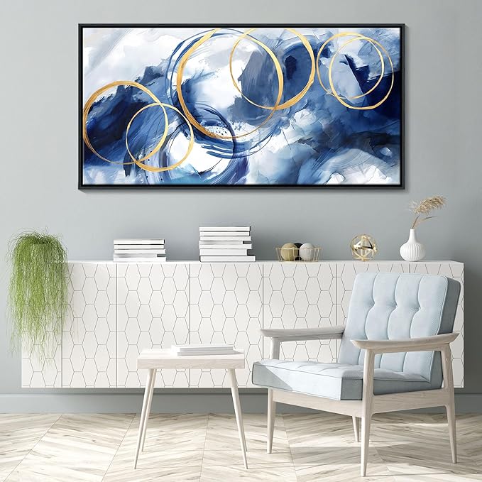 Framed Abstract Wall Art Blue Modern Art Wall Decor Artwork For Living Room Huge Wall Canvas Office Pictures For Navy Gold Modern Decorations For Bedroom Size 24x48in-Ruum Studio Home
