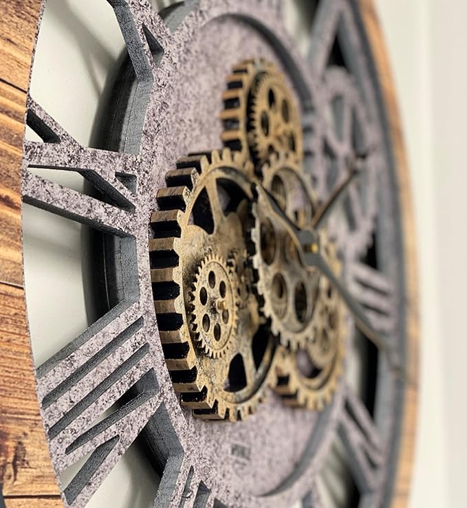 The Gears Clock The Original Real Moving Gear Wall Clock Vintage Industrial Oversized Rustic Farmhouse (24 inch (60cm),Wood&Stone)-Ruum Studio Home