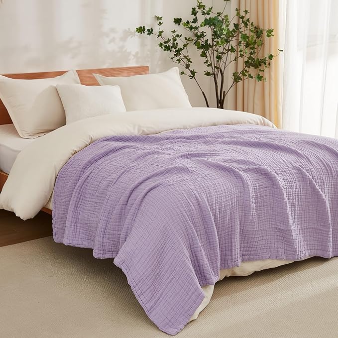 EMME Cotton Blanket Twin XL for Bed Soft Muslin Blankets 66"x90" Lightweight Breathable Layering Bedspread Coverlet All Season Gauze, Lavender-Ruum Studio Home