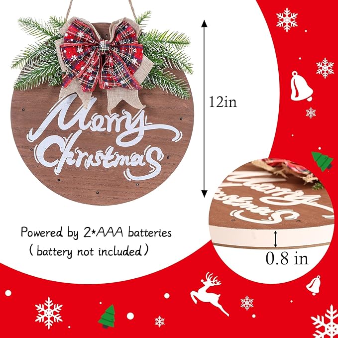 HOMCDALY Merry Christmas Sign for Front Door, Wooden Hanging Sign Door Decoration with 12 LED Light, Winter Welcome Wreath indoor outdoor Décor, Christmas Decoration.-Ruum Studio Home
