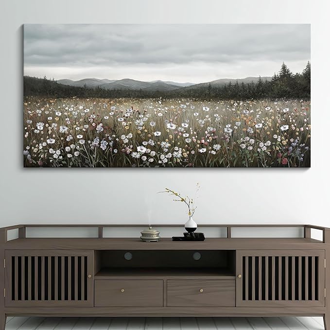 HGUAOA Vintage Landscape Wall Art for Bedroom and Living Room - Large Floral Artworks Farmhouse Wall Decor - Framed Neutral Nature Pictures - Above Bed Wall Decor with Mountain Scenery 29×58IN-Ruum Studio Home