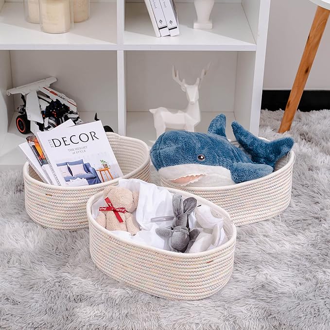 Baskets&Bins for Shelf Storage &Organizing/Cute Basket to Store and Organize Daily Items/Woven Rope Basket for Living Room, Bedroom,Playroom/Small Oval-13x8.66x5.11’’,3 Packs Rainbow-Ruum Studio Home