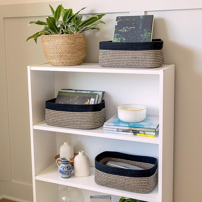 NaturalCozy 13.5”x8.5”x5.5” Rectangle Storage Baskets for Shelves 3 Pack | Cotton Rope Woven Small Baskets for Organizing | Small Storage Bins for Nursery, Bathroom, Closet, Shelf, Decorative-Ruum Studio Home