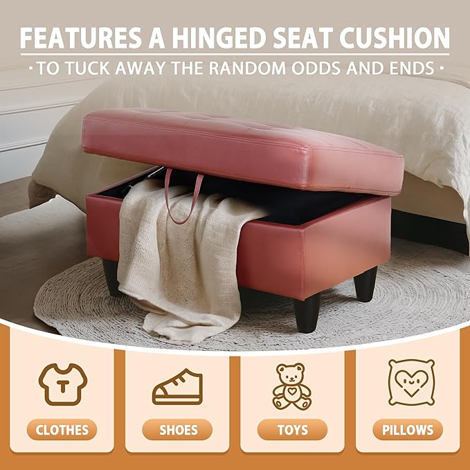 Ottoman Rectangular Storage Ottoman Bench, Faux Leather Footrest, Coffee Table, Stool Footstool with Hinged Lid for Living Room, Bedroom, Entryway, Red, 35"x23.5"x17.5"-Ruum Studio Home