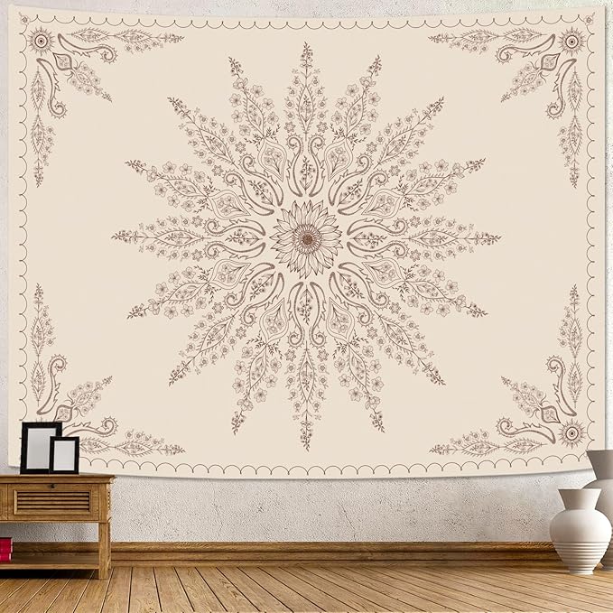 Fowocu Boho Floral Mandala Tapestry for Bedroom Aesthetic Bohemian Flower Wall Tapestry Beige Hippie Indian Extra Large Tapestries Wall Hanging for Living Room Dorm Decor 90 x 68 Inch-Ruum Studio Home