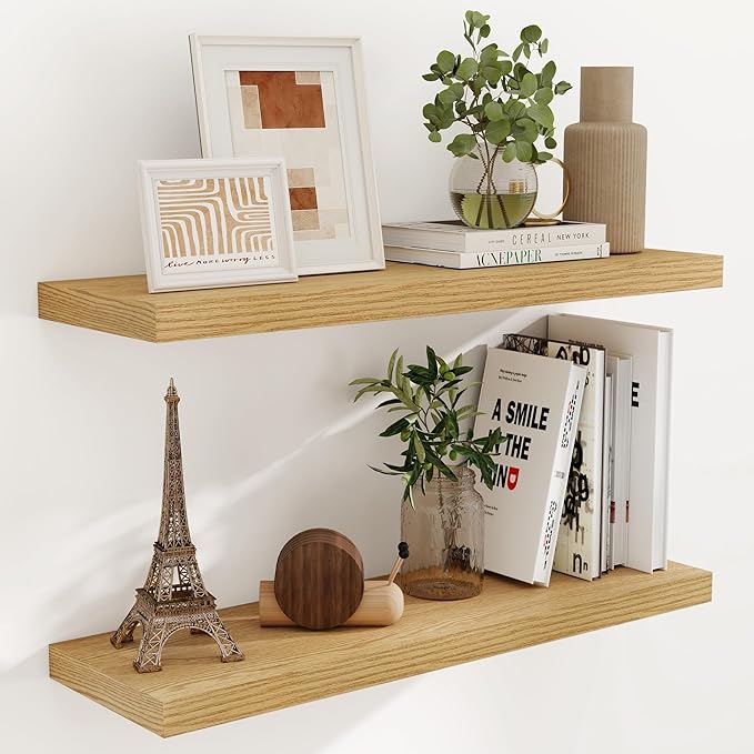 Fun Memories Rustic Wood Floating Shelves for Wall, 36 x 9 Wall Shelves Set of 2, Deep Floating Shelf for Kitchen, Living Room Storage & Display, Rustic Deep Bookshelf, Oak Color-Ruum Studio Home