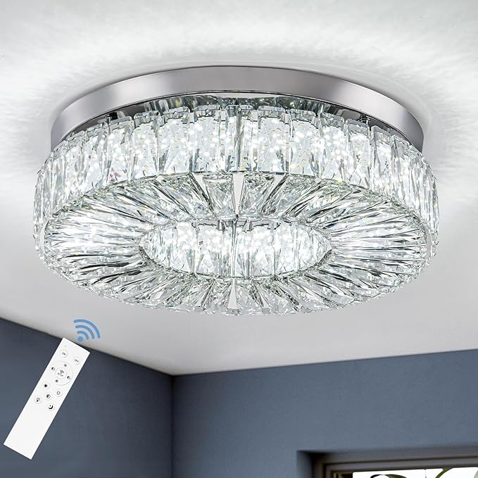 16.5 Inch Dimmable Chandelier with Remote Control LED Crystal Chandelier Modern Flush Mount Ceiling Light Fixtures for Living Room Bedroom Dining Room Entrance (dimmable-16.5")-Ruum Studio Home