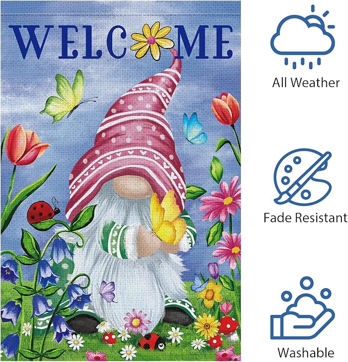 Welcome Spring Gnome Garden Flag 12x18 Double Sided Burlap Butterfly Floral Garden Yard Flags for Spring Summer Rustic Seasonal Outside Outdoor House Decoration (ONLY FLAG)-Ruum Studio Home