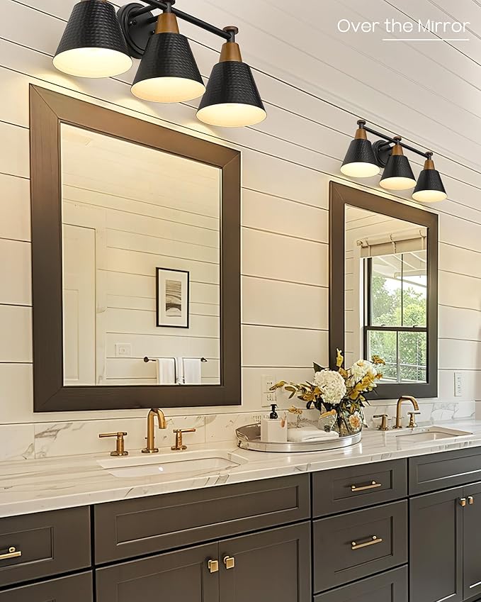 FEMILA Black Bathroom Light Fixtures, 3-Light Bathroom Vanity Lights Over Mirror with Hammered Metal Shade, Modern Wall Lamp for Kitchen Bedroom Living Room,4FG59B-3W BK-Ruum Studio Home