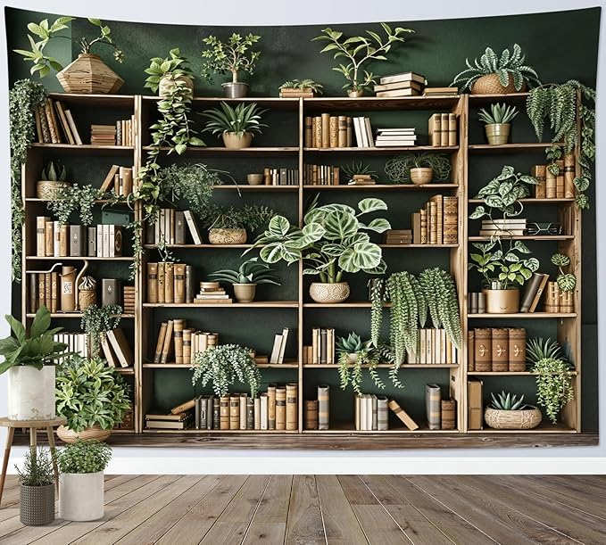 HVEST Green Plant Bookshelf Tapestry Book on Bookshelf and Plant Potted Tapestry Wall Hanging Reading Wall Decor for Study Room Bedroom Living Room College Dorm, 60L x 80W Inches-Ruum Studio Home