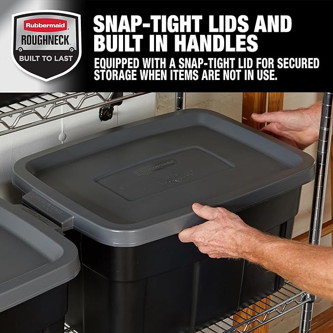 Rubbermaid Roughneck Tote 14 Gal, 6 Pack, Made in USA, Black & Gray, Rugged Plastic Stackable Storage Bins with Lids and Handles-Ruum Studio Home