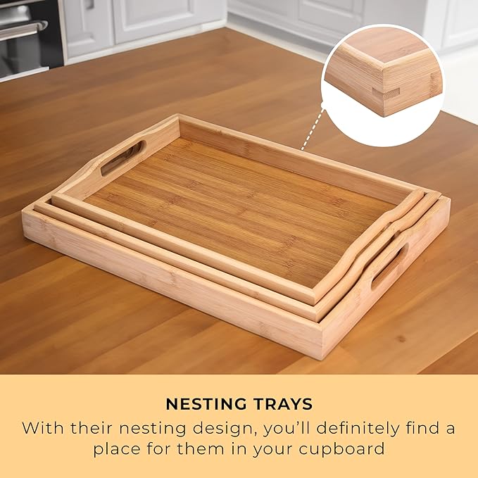 Prosumers Choice Wooden Tray - Light Brown Serving Trays with Handles - Nesting Design for Space Saving - Wooden Serving Tray for Food, Drinks, Snacks - Set of 3-Ruum Studio Home