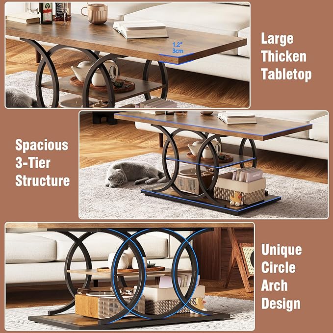GiftGo Rustic Coffee Table with Storage Industrial 3 Tier Center Living Room Table Farmhouse Wooden Rectangle Cocktail Tea Table for Office Bedroom Elegant Full Moon Round Metal Frame (Brown, L-47)-Ruum Studio Home